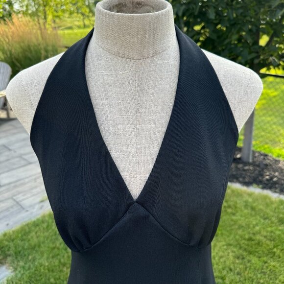 Vintage 70s Maxi Dress Black V-Neck Empire Waist Witchy Halter Gown - Picture 2 of 13